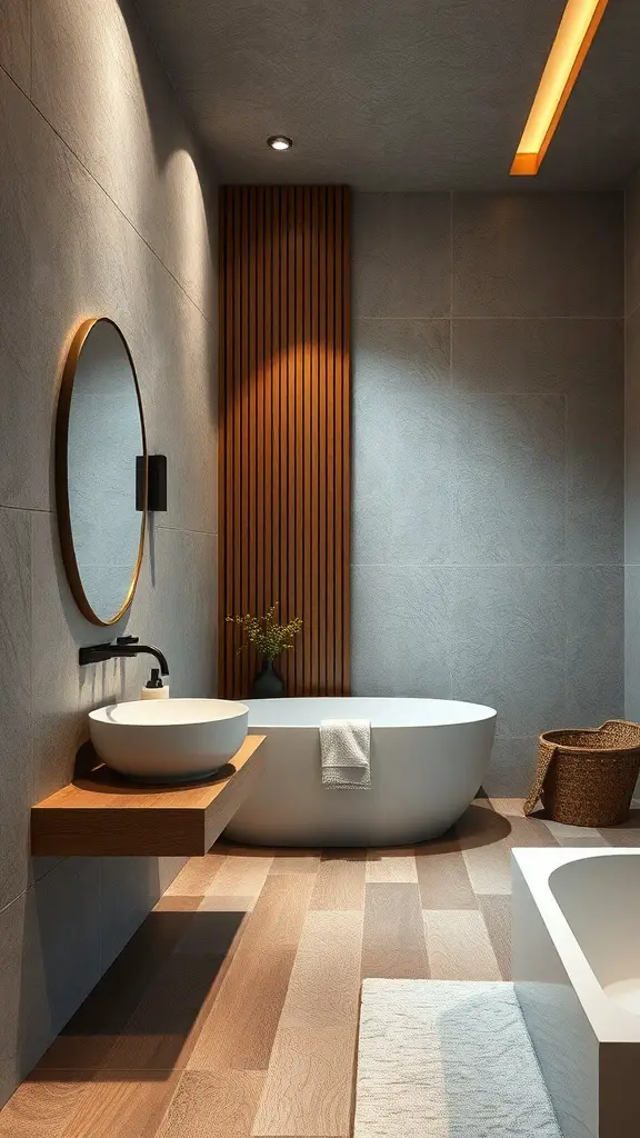 25+ Stunning Master Bath Ideas to Transform Your Space 16 A modern master bath featuring textured materials, including a smooth bathtub, wooden accents, and soft lighting.
