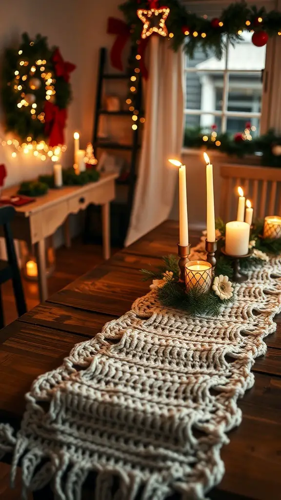 29+ Stunning Christmas Table Runner Ideas for a Festive Holiday Table 9 A cozy handmade knitted table runner on a wooden table, surrounded by candles and festive decorations.