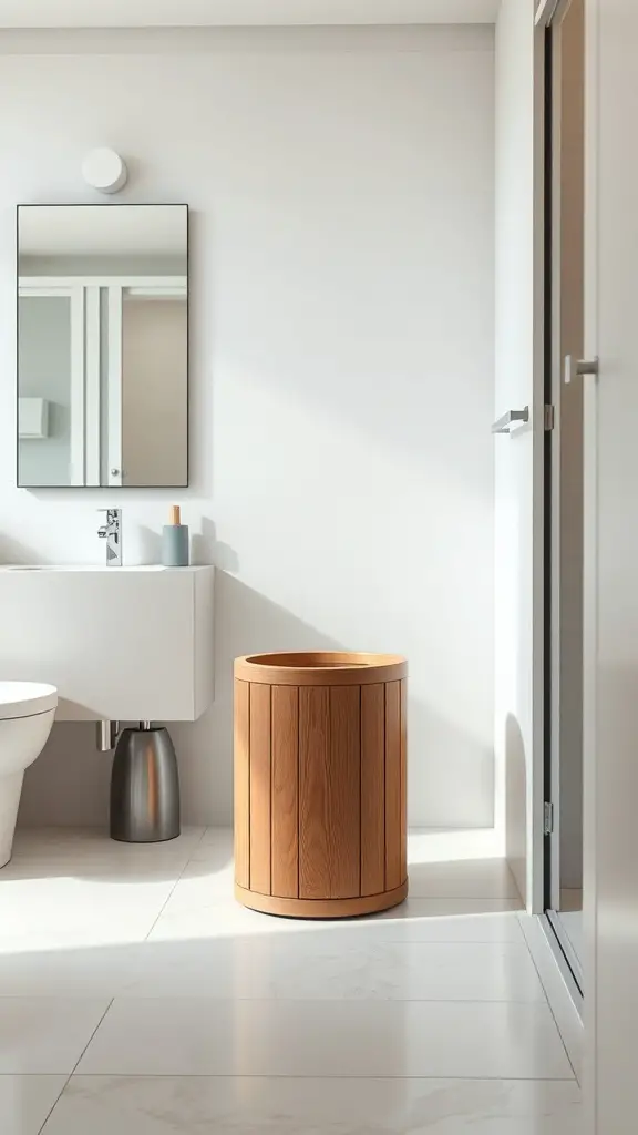 A minimalist wooden trash can in a modern bathroom setting