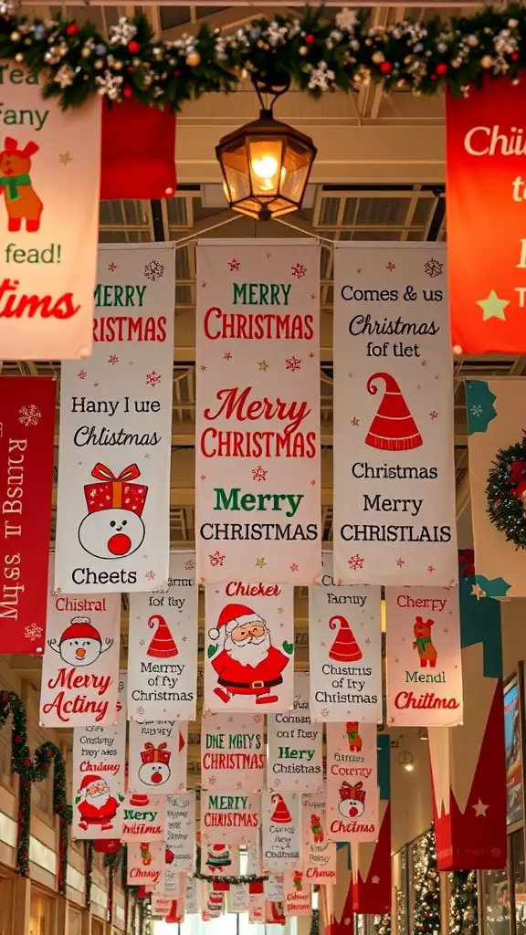 29+ Creative Christmas Ceiling Decoration Ideas to Festively Transform Your Home 10 A display of colorful Christmas ceiling banners with festive messages and designs.