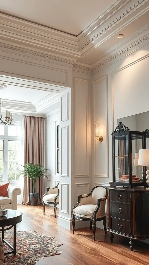 27+ Stunning Wall Molding Ideas to Transform Your Space 5 A beautifully decorated room featuring elegant corner molding, showcasing a blend of classic and modern design elements.