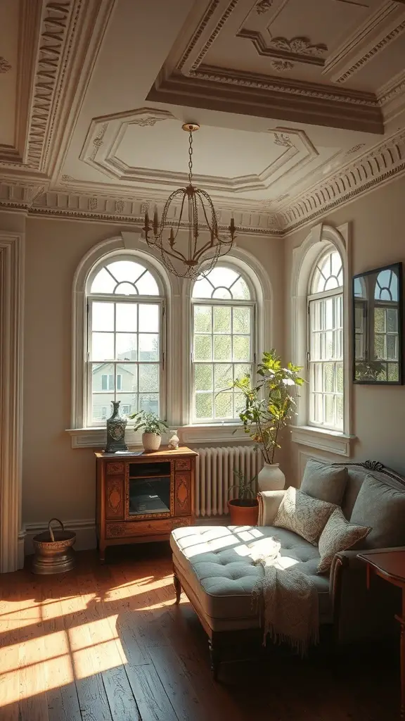 27+ Stunning Wall Molding Ideas to Transform Your Space 11 A cozy room with intricate ceiling molding, large windows, and a vintage cabinet.