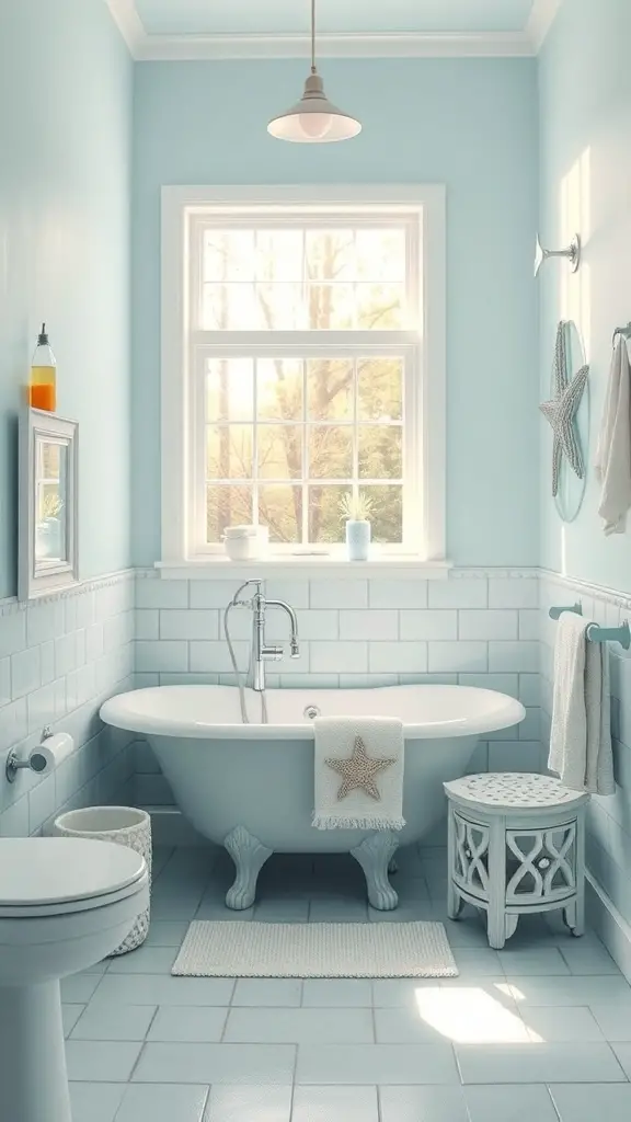 27+ Stunning Bathroom Paint Colors to Transform Your Space 9 Aqua colored bathroom with a freestanding tub, natural light, and beach-themed decor.