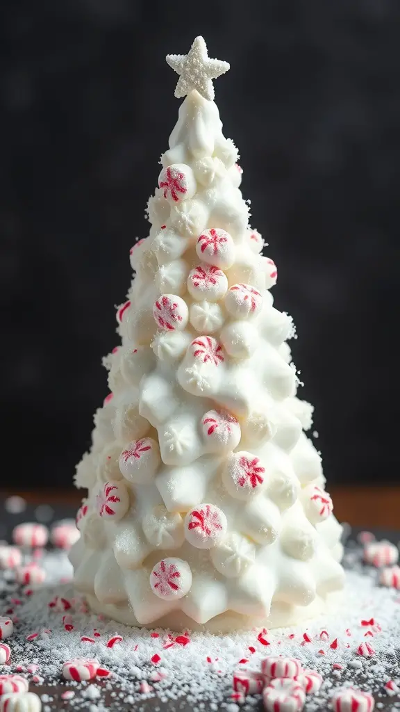 A frosted peppermint cone tree decorated with peppermint candies and topped with a star.
