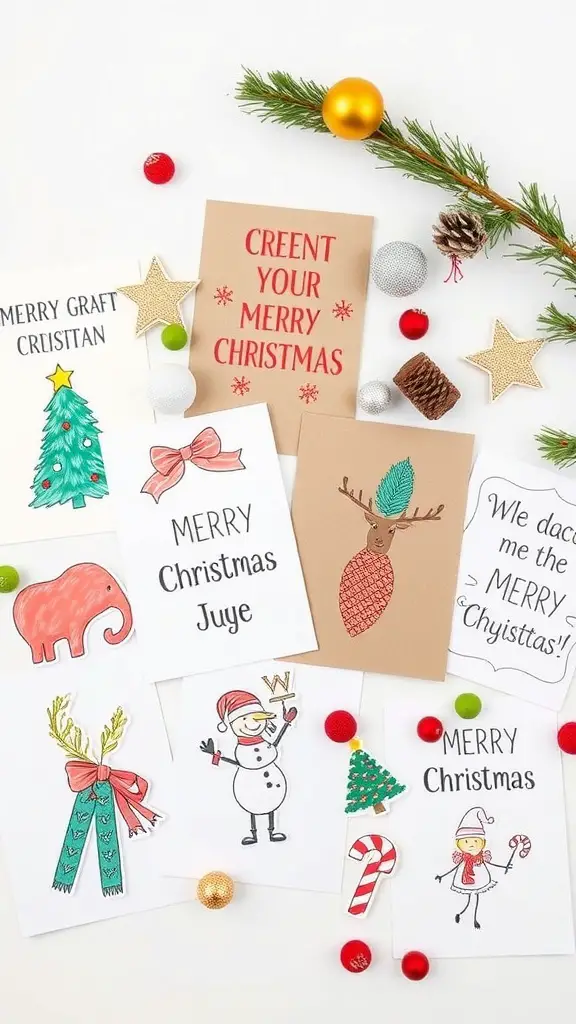 A collection of DIY Christmas cards with festive designs and decorations.