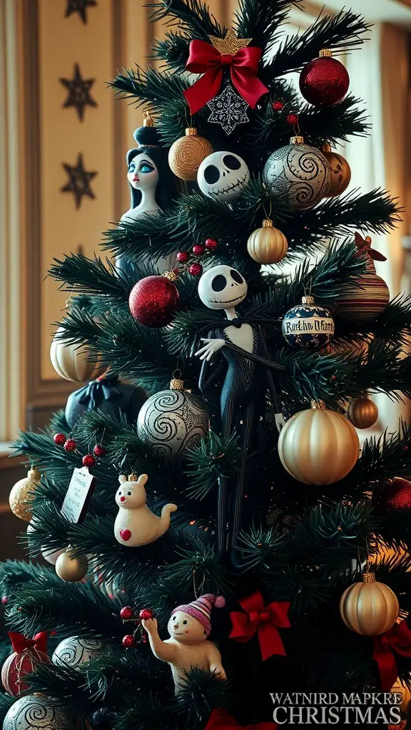 25+ Creative Nightmare Before Christmas Tree Ideas for Holiday Magic 14 A vintage Nightmare Before Christmas themed Christmas tree with Jack Skellington and Sally ornaments.