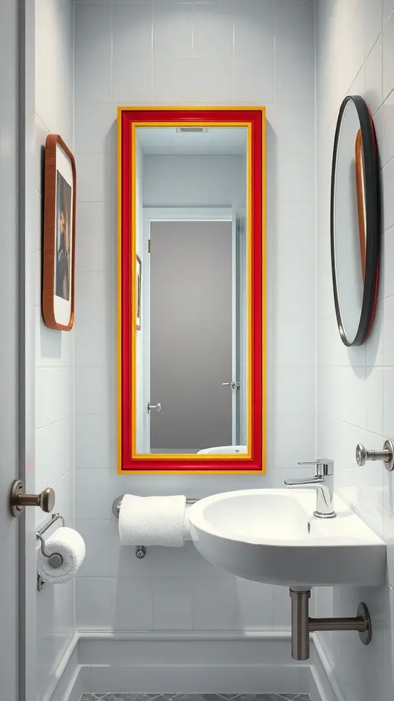 29+ Stunning Vertical Mirror Ideas to Transform Your Narrow Bathroom 8 A narrow bathroom featuring a bold mirror with a red and yellow frame.