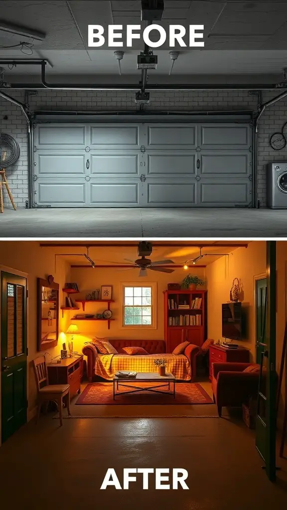 27+ Inspiring Small Garage Apartment Ideas for Cozy Living 7 Before and after images of a garage transformed into a cozy living space.