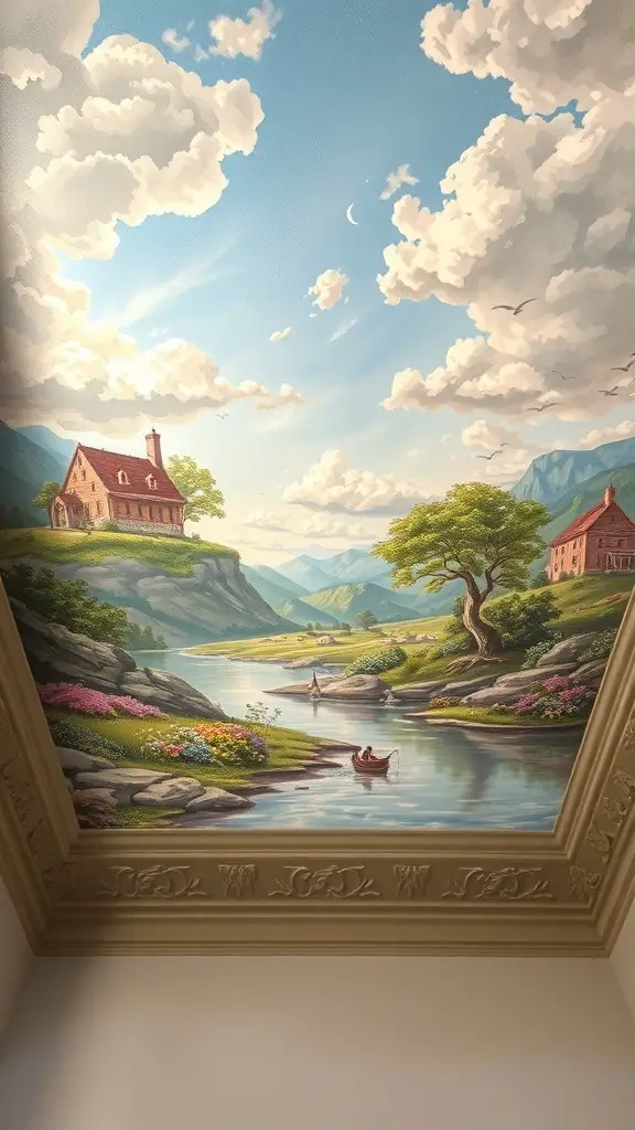 27+ Creative Ceiling Decoration Ideas for Every Room 4 A ceiling mural depicting a serene landscape with a river, mountains, and houses.
