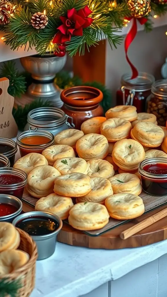 A festive holiday biscuit bar featuring fluffy biscuits and various jams and spreads.