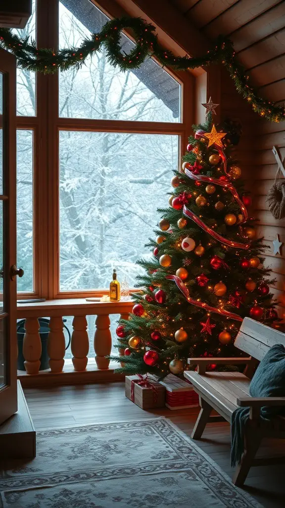 A cozy cabin with a decorated Christmas tree in front of a snowy window