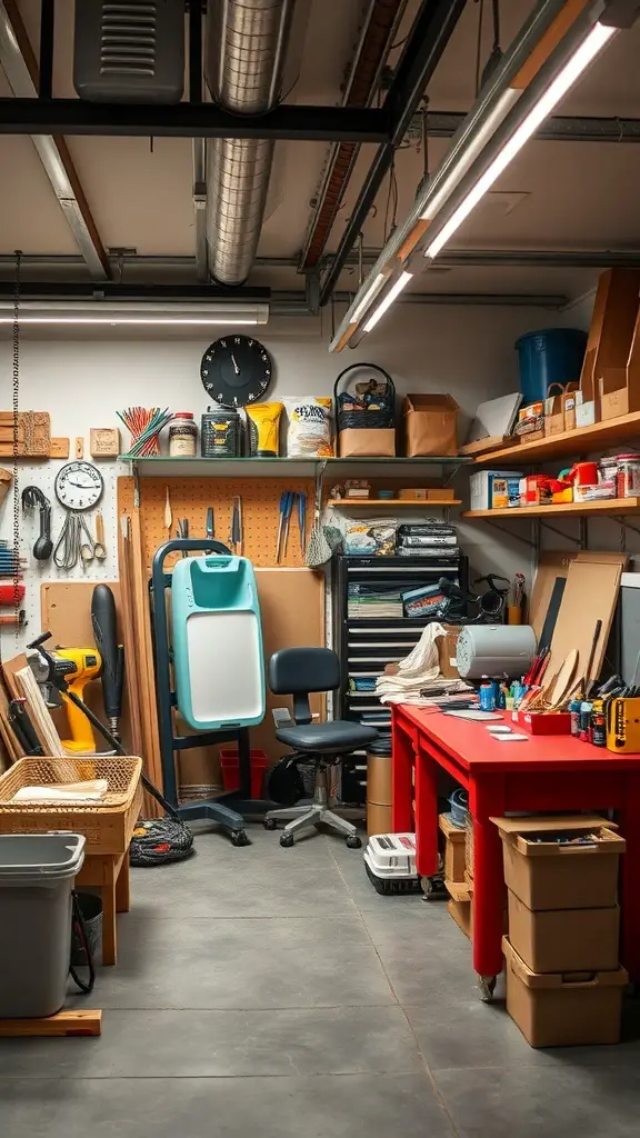 23+ Creative Garage Conversion Ideas for Your Home 8 A well-organized garage space with tools, supplies, and a red work table.