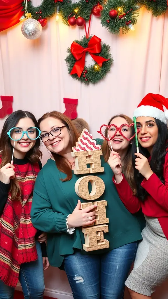 A group of friends enjoying a festive photo booth with props and a holiday backdrop.
