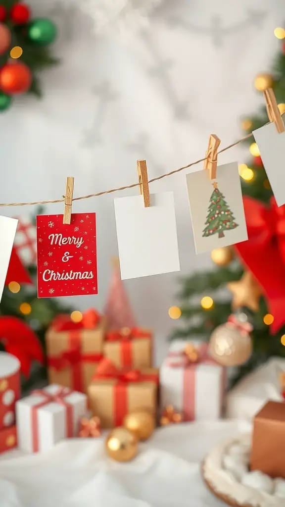 A festive display of Christmas cards hanging on a string with colorful decorations and gifts in the background.