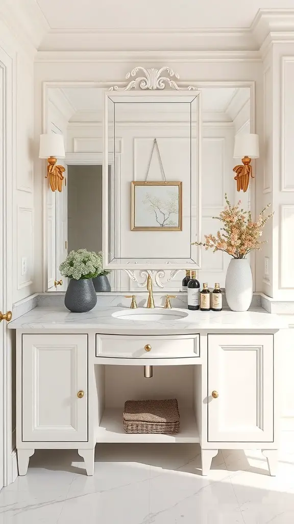 25+ Chic White Bathroom Ideas for a Timeless Look 5 Elegant white bathroom vanity with marble countertop and gold fixtures