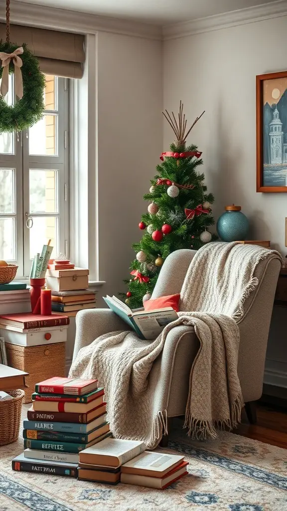 A cozy reading nook with a chair, blanket, books, and a decorated Christmas tree.