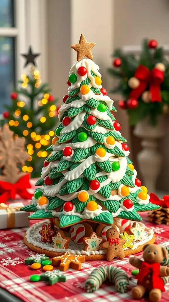 A beautifully decorated gingerbread Christmas tree with colorful candies and icing.