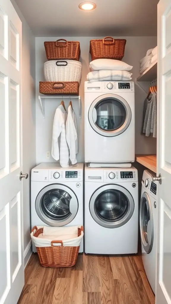 27+ Creative Small Space Solutions for Top Loader Laundry Rooms 9 A small laundry room featuring stacked baskets on shelves, a top loader washing machine, and a tidy arrangement of towels and clothes.