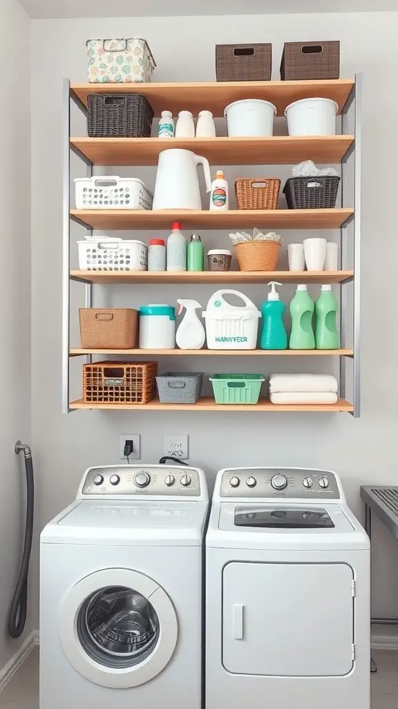 27+ Creative Over Washer and Dryer Shelf Ideas for a Stylish Laundry Room 16 Multi-tiered shelving with organized laundry supplies above a washer and dryer.