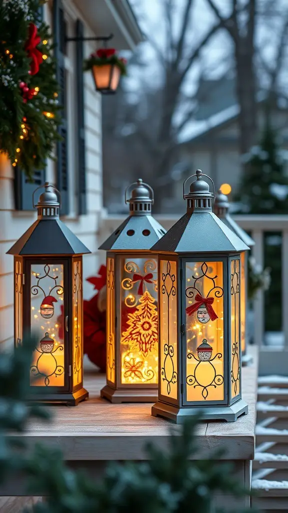 Three decorative lanterns with holiday themes glowing on a porch