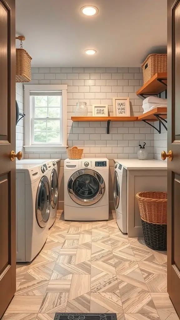 27+ Creative Small Space Solutions for Top Loader Laundry Rooms 14 A stylish laundry room with top loader machines, patterned flooring, and shelves.