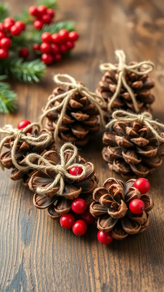 Handmade pinecone ornaments decorated with twine and red berries on a wooden surface