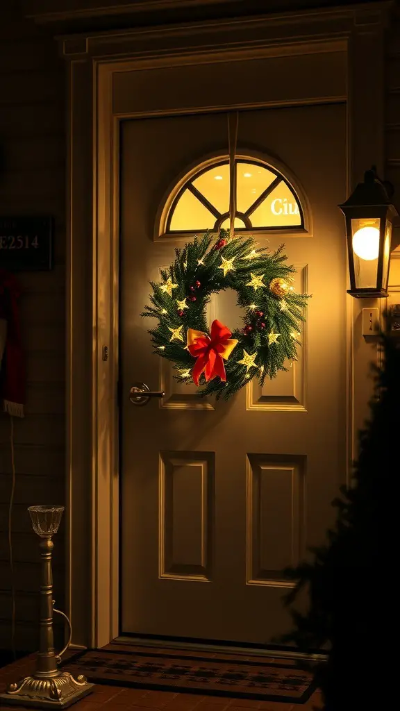 A beautifully lit wreath with a red bow hanging on a door, creating a festive atmosphere.