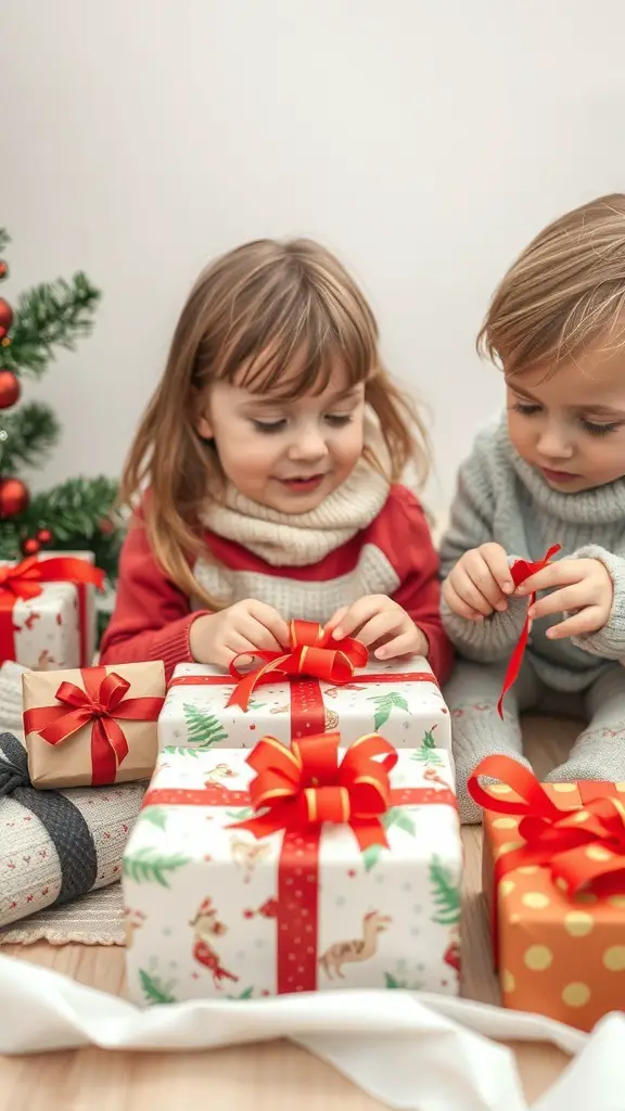 Two children wrapping Christmas gifts with colorful ribbons and cheerful expressions.
