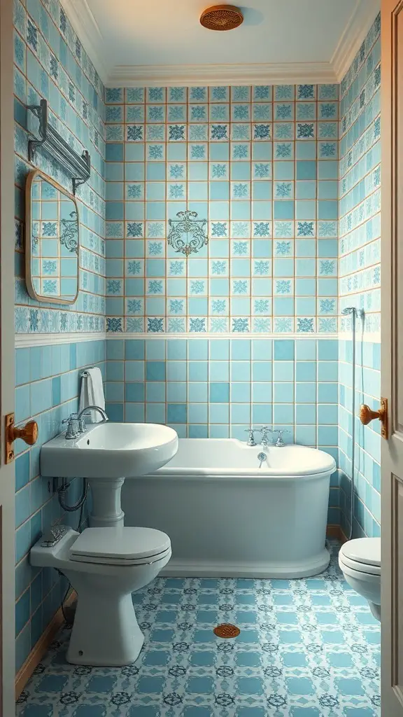 29+ Stunning Blue Bathroom Ideas You’ll Love 7 A bathroom featuring vintage blue tiles on the walls and floor, with a bathtub and sink.