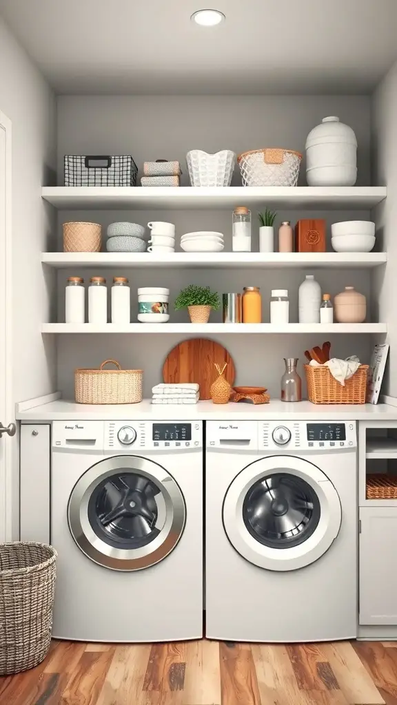 25+ Stunning Laundry Room Cabinet Ideas for a Chic and Organized Space 7 A laundry room with open shelving displaying organized baskets, jars, and decorative items.