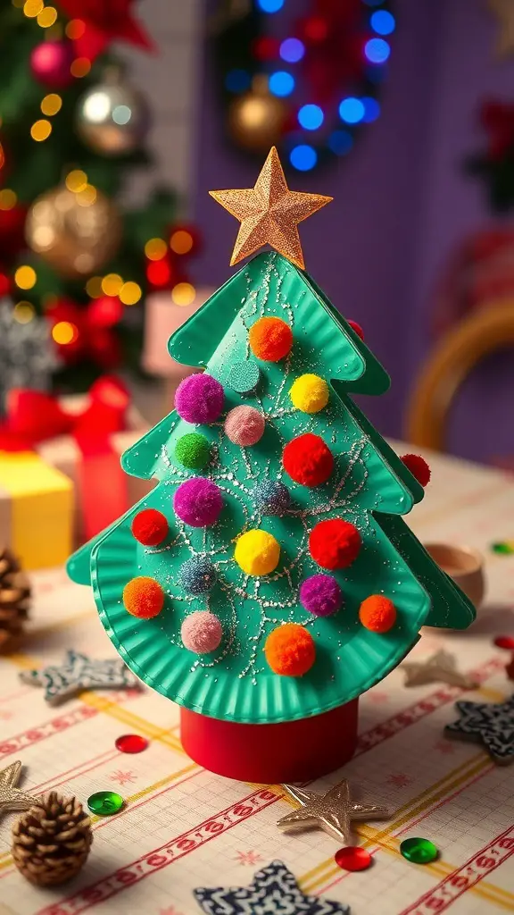 A colorful paper plate Christmas tree decorated with pom-poms and a star on top.