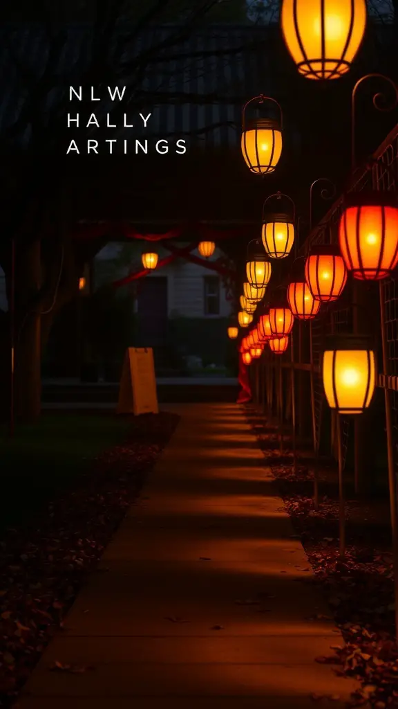A pathway illuminated by glowing orange lanterns, creating a spooky atmosphere for Halloween.