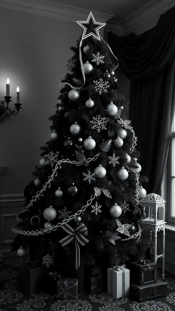 25+ Creative Nightmare Before Christmas Tree Ideas for Holiday Magic 11 A gothic black and white themed Christmas tree with black ornaments, silver decorations, and a star on top.