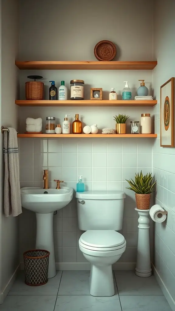25+ Chic Half Bathroom Ideas to Refresh Your Space 11 A half bathroom with open wooden shelving displaying toiletries and decorative items.