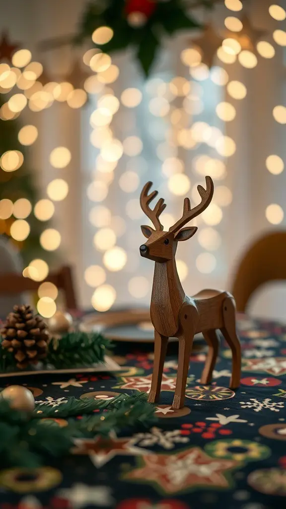 A wooden reindeer figurine on a festive table with lights in the background