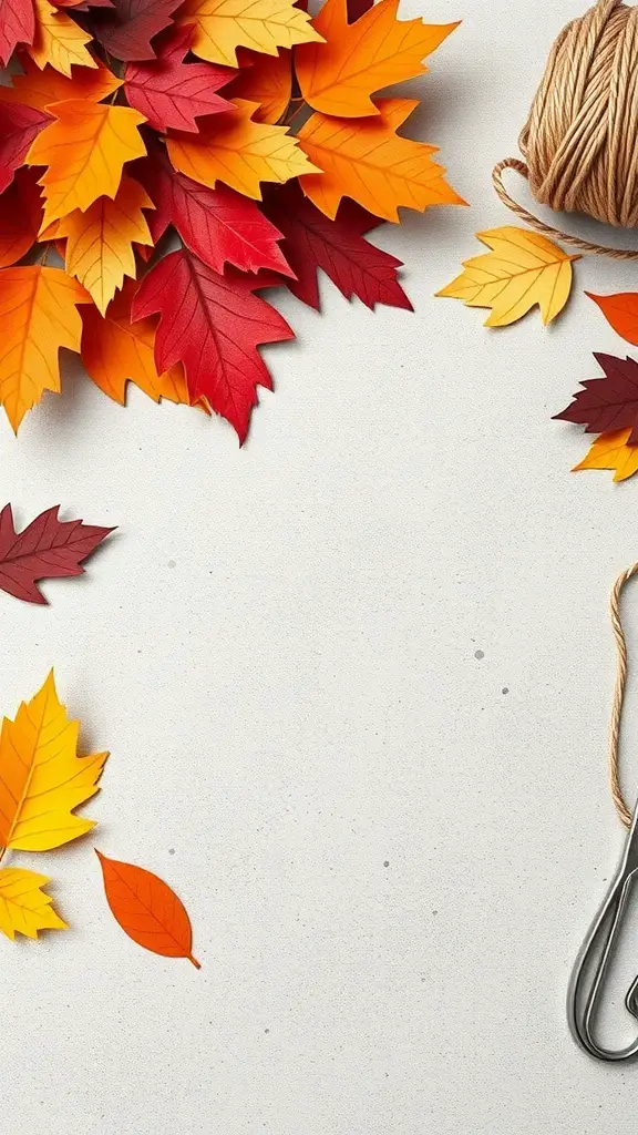 Colorful paper leaves in shades of red, orange, and yellow with twine and scissors on a light background.