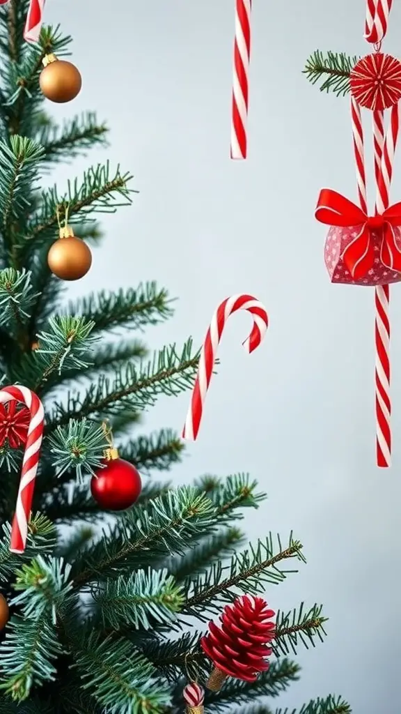 A Christmas tree decorated with candy canes, red and gold ornaments, and a festive bow.
