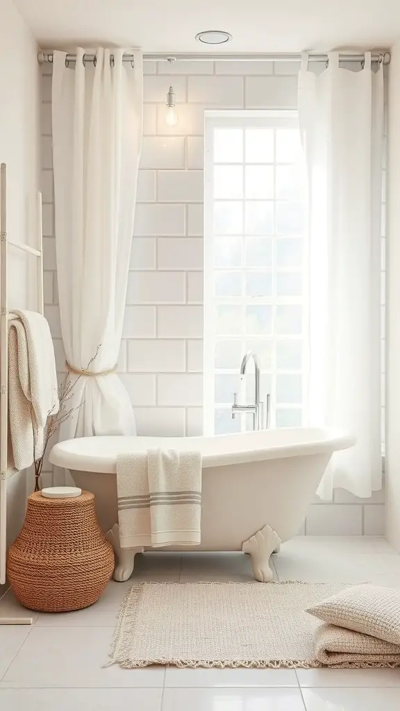 23+ Chic Neutral Toned Bathroom Ideas for a Serene Space 16 A serene bathroom featuring soft linen textiles, a freestanding bathtub, and natural light.