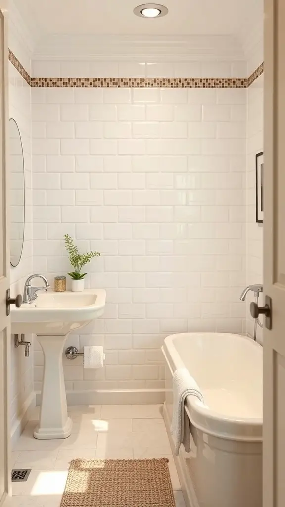 23+ Chic Neutral Toned Bathroom Ideas for a Serene Space 4 A bathroom featuring creamy white fixtures, including a pedestal sink and a classic bathtub, complemented by textured tiles and a woven rug.