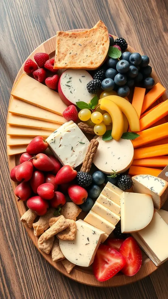 27+ Must-Try Christmas Snacks for Your Holiday Party 13 A festive holiday fruit and cheese board featuring various cheeses, fresh fruits, and crackers.