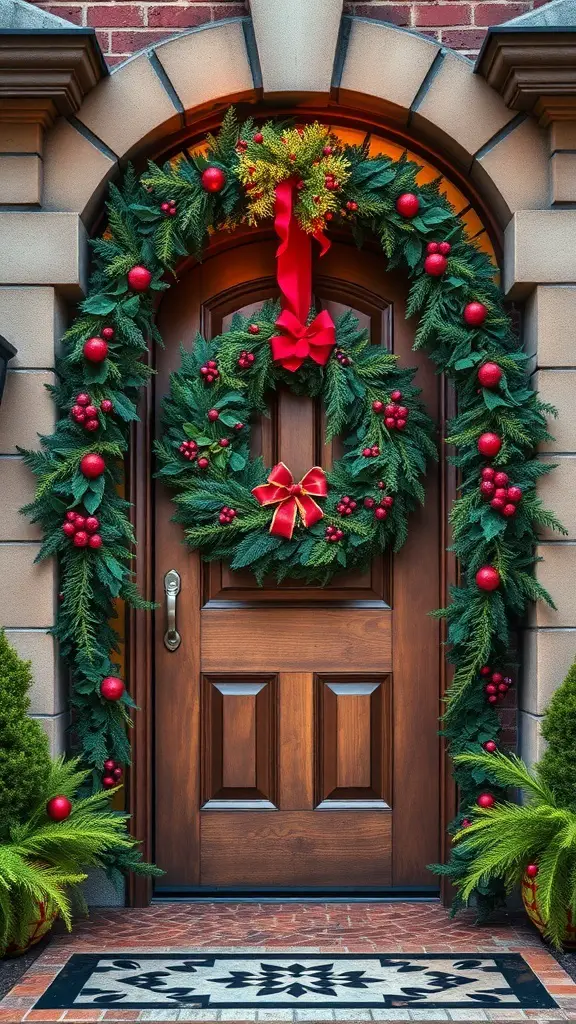 A beautifully decorated door with a lush green wreath and garland featuring red ornaments and a bow.