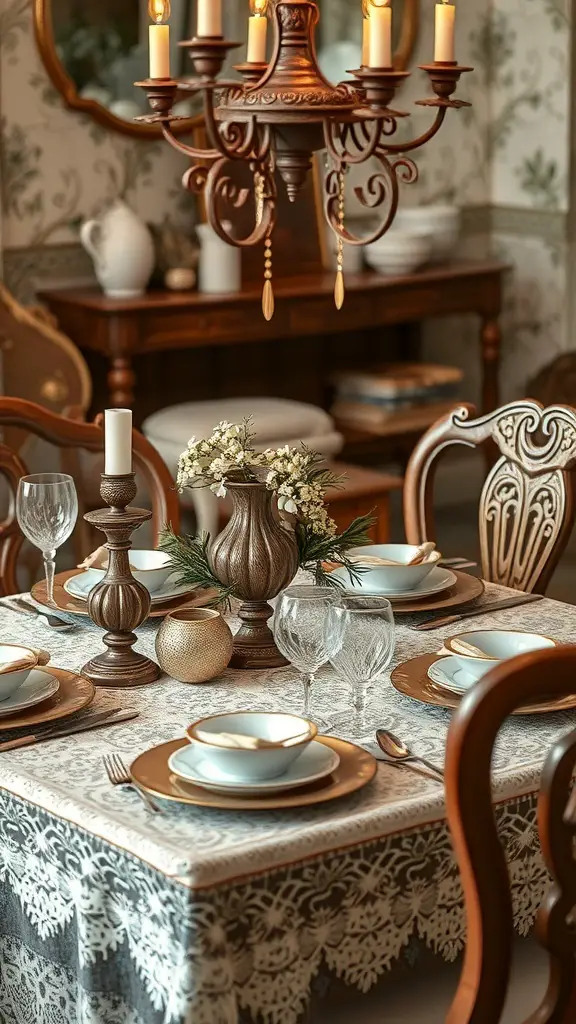 A vintage dining table decorated with a lace tablecloth, a teapot, roses, and ornaments, under a chandelier.