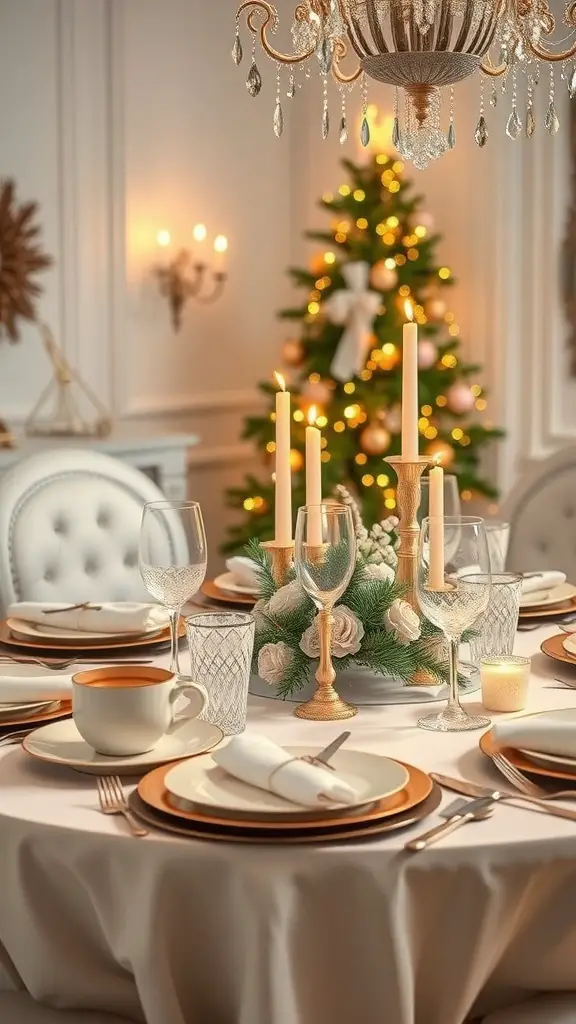 A beautifully set dining table for Christmas featuring white and gold decor, candles, and a Christmas tree in the background.