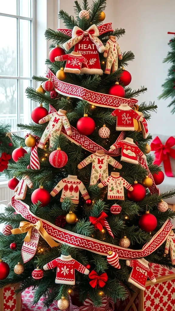 A beautifully decorated Christmas tree featuring red and white sweater ornaments, red baubles, and festive ribbons.