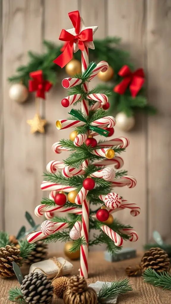 A small candy cane Christmas tree decorated with red and white ornaments, set against a wooden background.