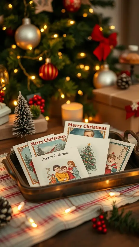 A collection of vintage Christmas cards displayed on a tray, surrounded by festive decorations.