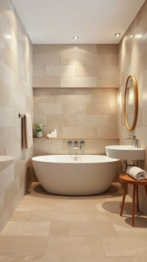 A luxurious bathroom with beige natural stone tiles, a modern bathtub, and stylish fixtures.