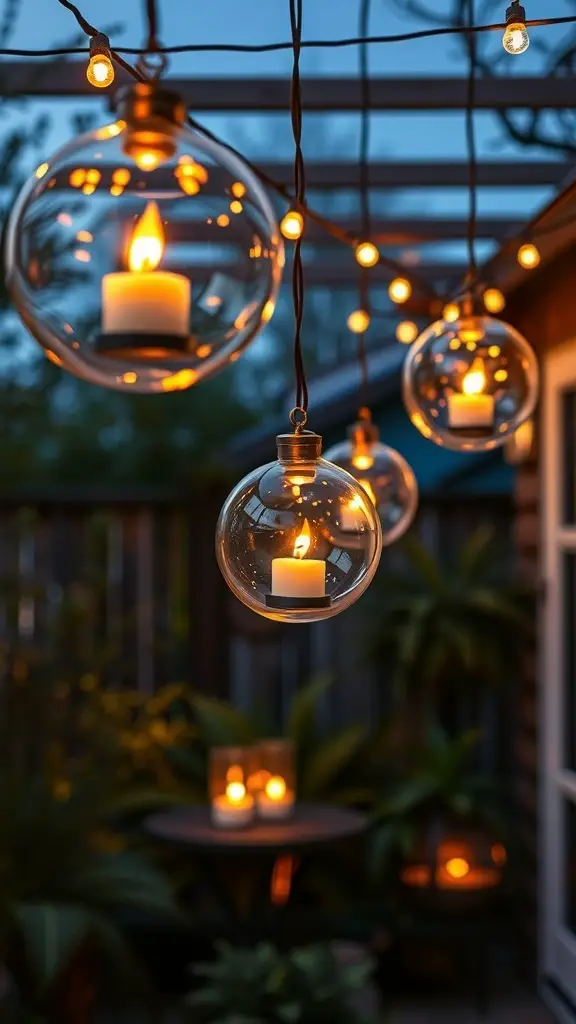 Hanging glass orbs with LED candles glowing softly in a patio setting