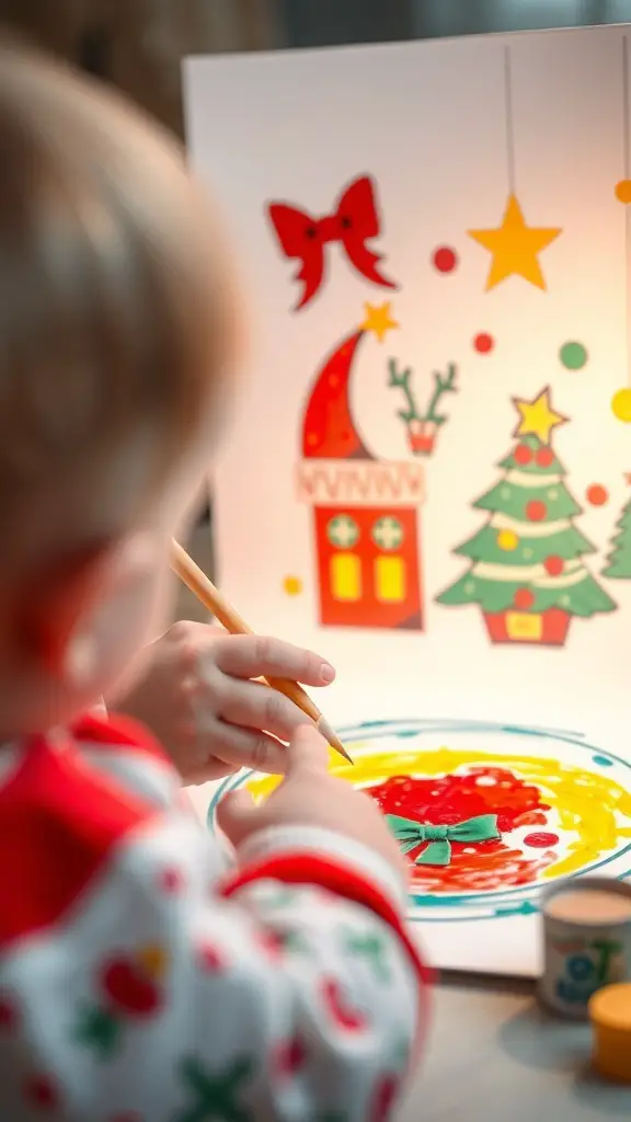 29+ Fun Christmas Activities for Babies to Celebrate the Holiday Season 7 A baby painting a festive scene with bright colors and holiday designs.