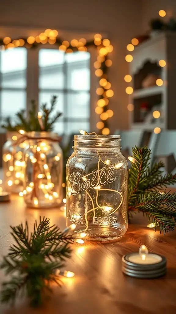 Mason jars filled with fairy lights and pine branches, creating a cozy Christmas decor.